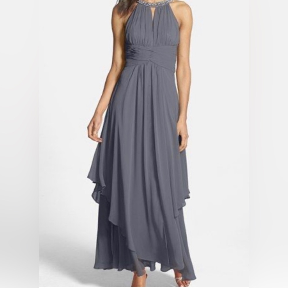Eliza J Embellished Tiered Chiffon
Halter Gown Charcoal Gray Sz 12